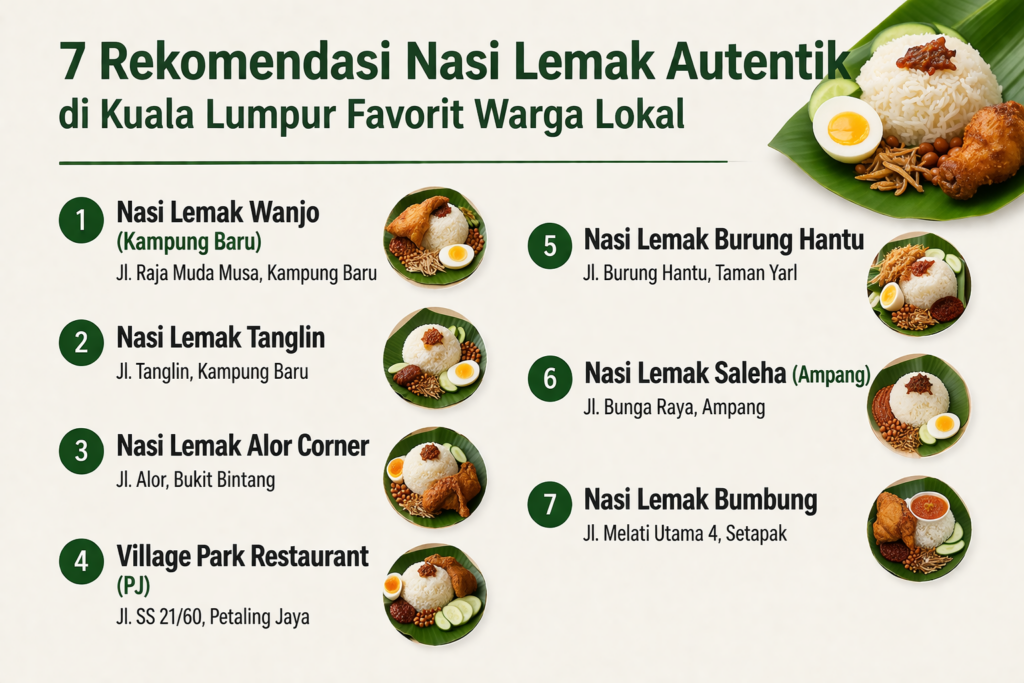 Infografis rekomendasi 7 nasi lemak autentik di Kuala Lumpur seperti Nasi Lemak Wanjo, Tanglin, Village Park, dan Nasi Lemak Bumbung favorit warga lokal