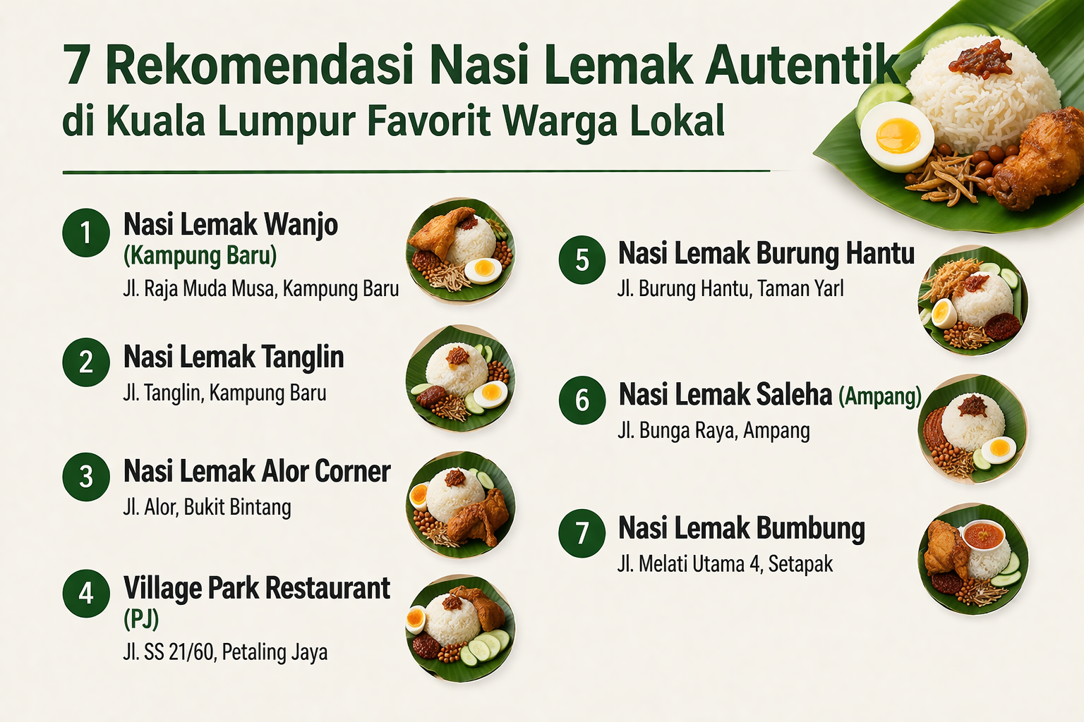 Infografis rekomendasi 7 nasi lemak autentik di Kuala Lumpur seperti Nasi Lemak Wanjo, Tanglin, Village Park, dan Nasi Lemak Bumbung favorit warga lokal