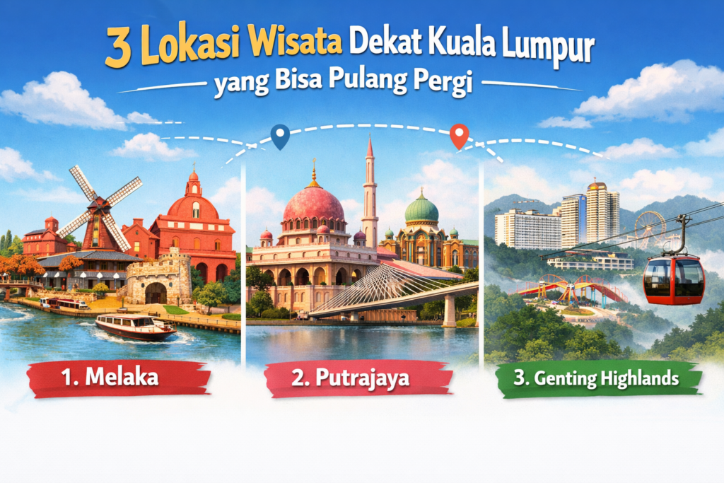 Infografis 3 lokasi wisata dekat Kuala Lumpur yaitu Melaka, Putrajaya, dan Genting Highlands untuk perjalanan pulang pergi dalam satu hari