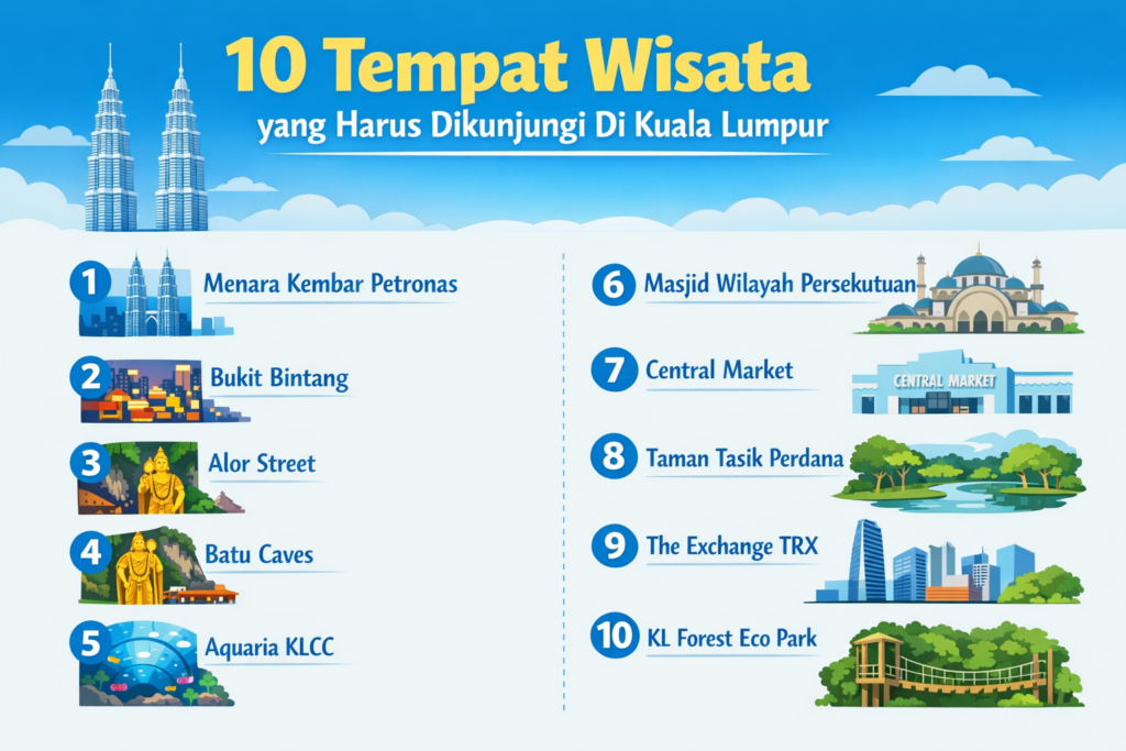Infografis 10 tempat wisata di Kuala Lumpur seperti Menara Kembar Petronas, Batu Caves, Bukit Bintang, dan KL Forest Eco Park