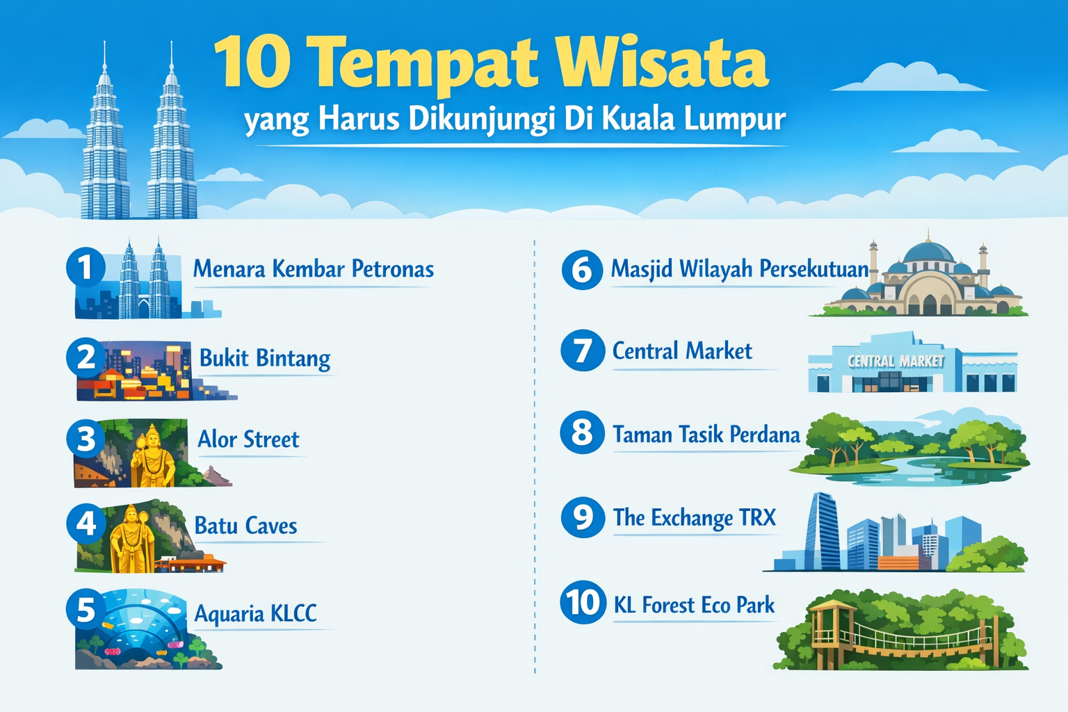 Infografis 10 tempat wisata di Kuala Lumpur seperti Menara Kembar Petronas, Batu Caves, Bukit Bintang, dan KL Forest Eco Park