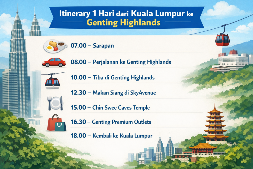 Infografis itinerary 1 hari dari Kuala Lumpur ke Genting Highlands lengkap dengan jadwal perjalanan, SkyAvenue, Chin Swee Temple, dan Premium Outlets