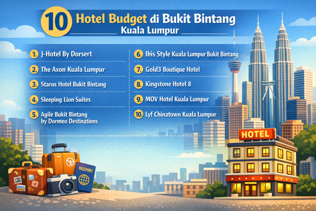 Infografis 10 hotel budget di Bukit Bintang Kuala Lumpur termasuk J-Hotel By Dorsett, The Axon, Ibis Style, dan MOV Hotel untuk penginapan murah strategis