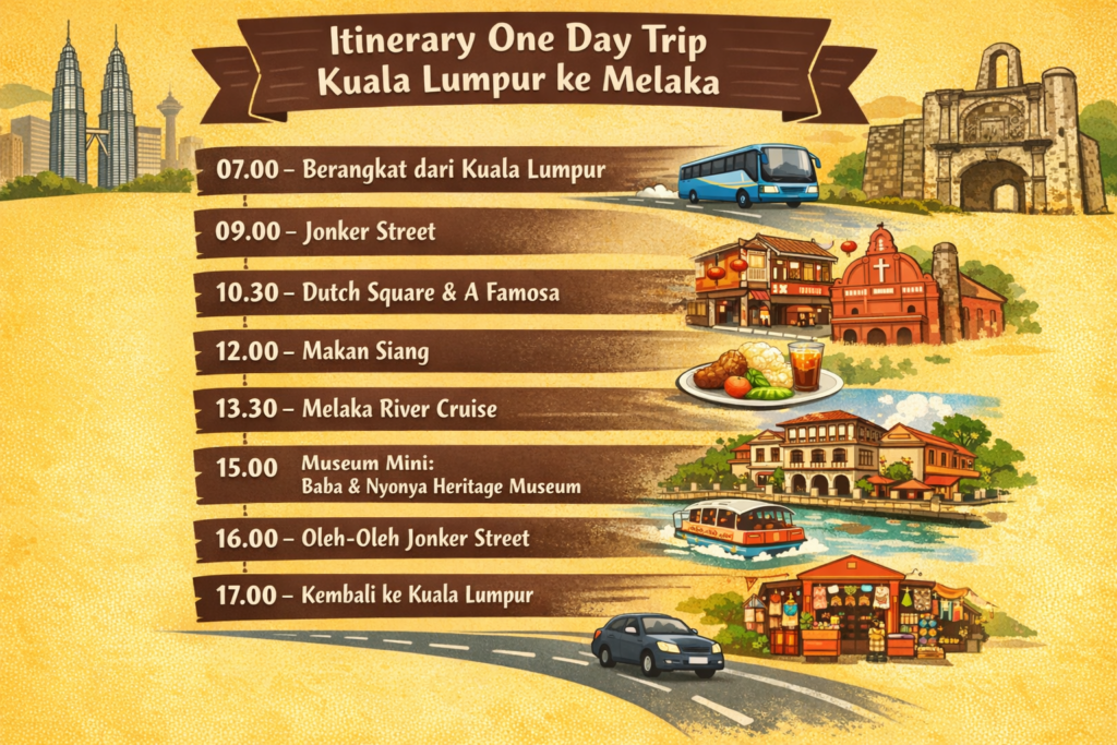 Infografis itinerary one day trip Kuala Lumpur ke Melaka lengkap dengan jadwal Jonker Street, Dutch Square, Melaka River Cruise, dan wisata sehari di Melaka