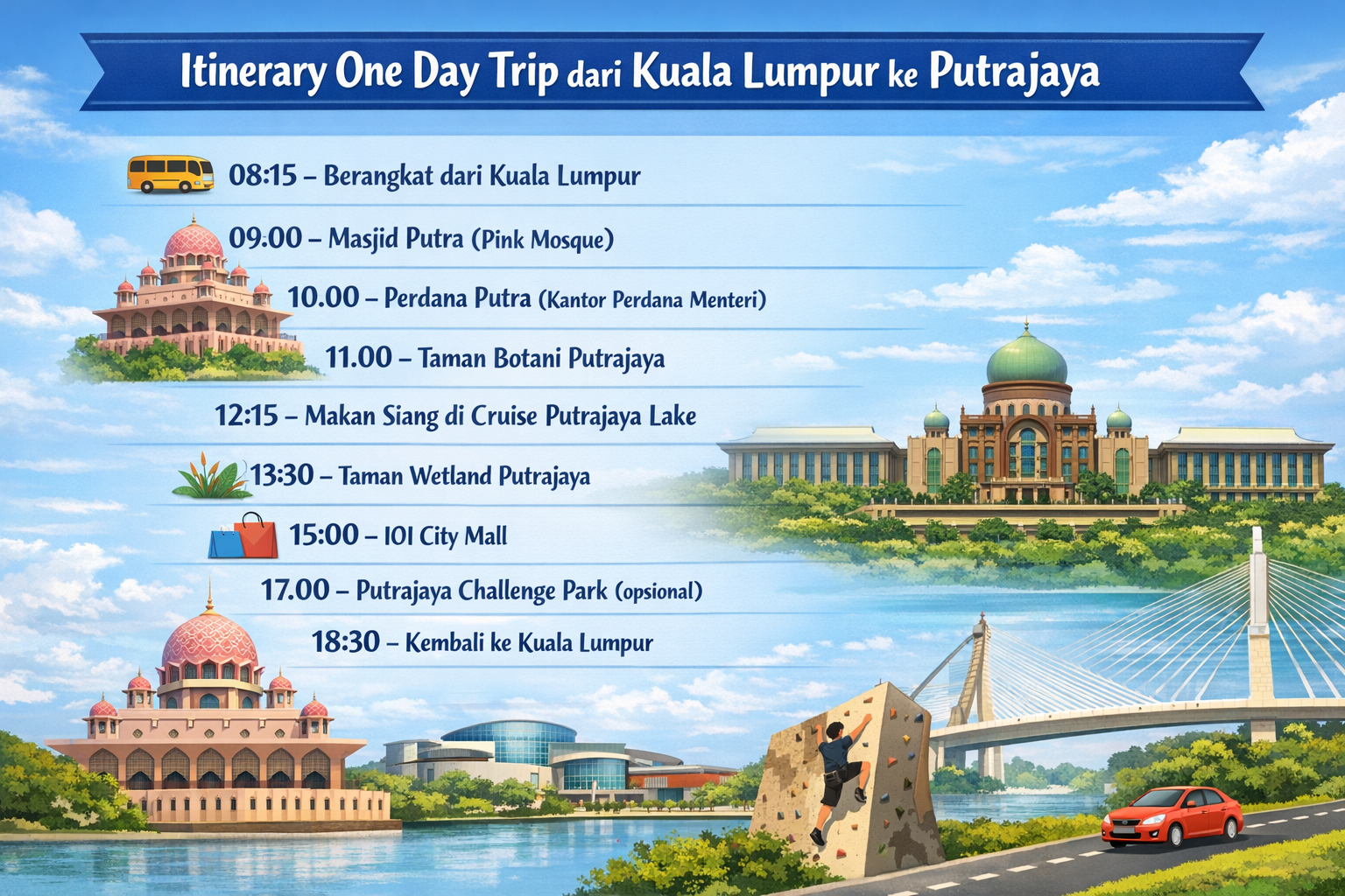 Infografis itinerary perjalanan satu hari dari Kuala Lumpur ke Putrajaya dengan jadwal kunjungan ke Masjid Putra, Perdana Putra, IOI City Mall, dan destinasi lainnya