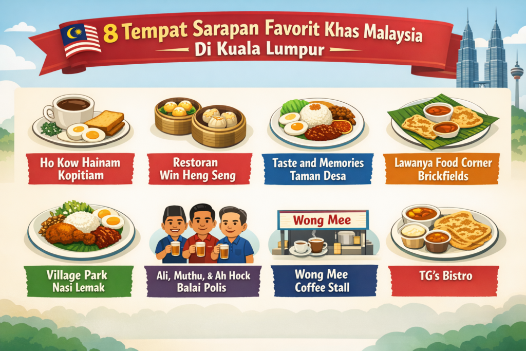 Infografis 8 tempat sarapan khas Malaysia di Kuala Lumpur seperti Ho Kow Hainam Kopitiam, Village Park Nasi Lemak, dan TG’s Bistro favorit wisatawan dan warga lokal