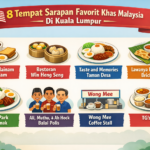 Infografis 8 tempat sarapan khas Malaysia di Kuala Lumpur seperti Ho Kow Hainam Kopitiam, Village Park Nasi Lemak, dan TG’s Bistro favorit wisatawan dan warga lokal