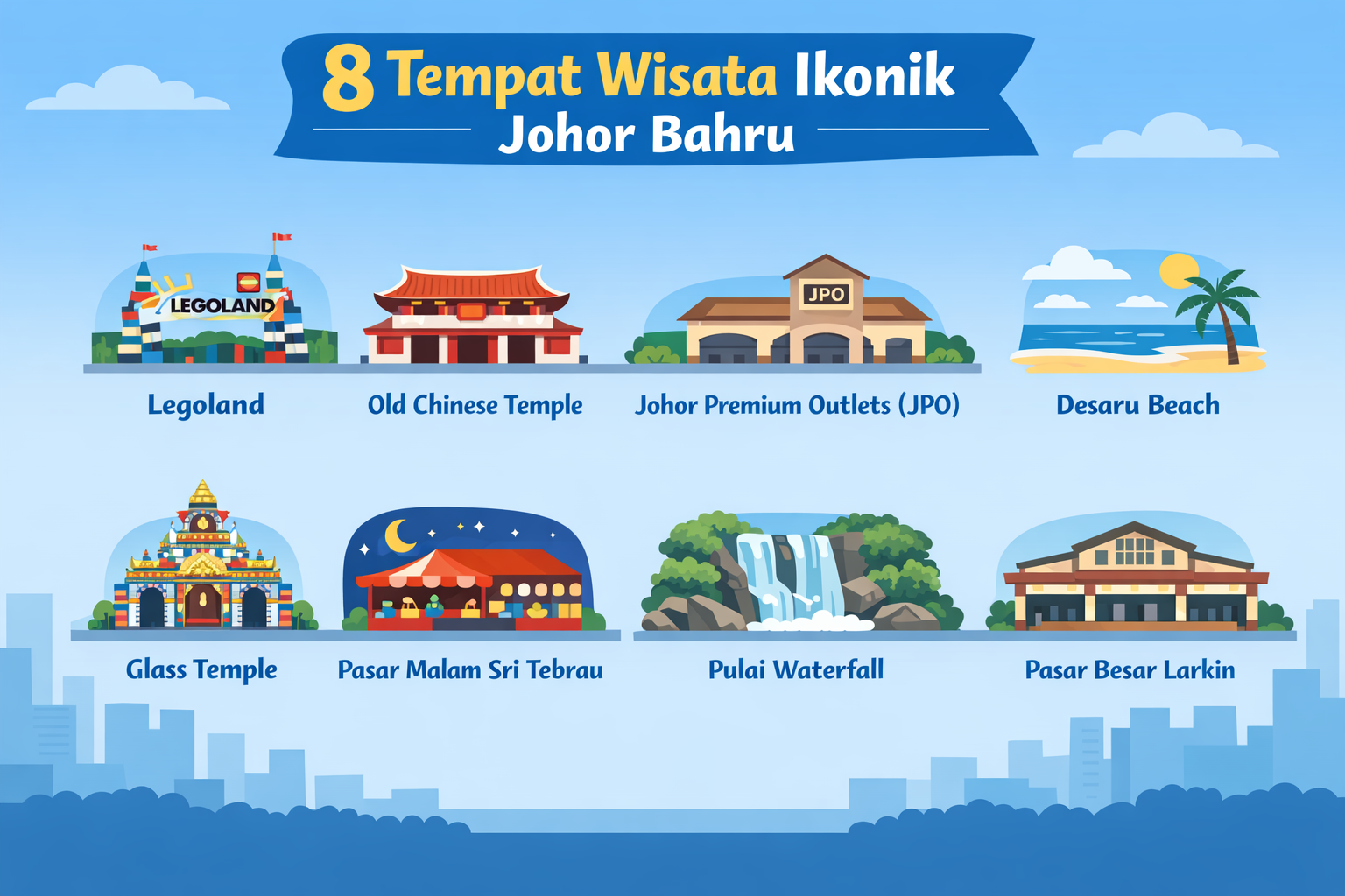 Infografis 8 tempat wisata ikonik di Johor Bahru seperti Legoland, Desaru Beach, dan Johor Premium Outlets