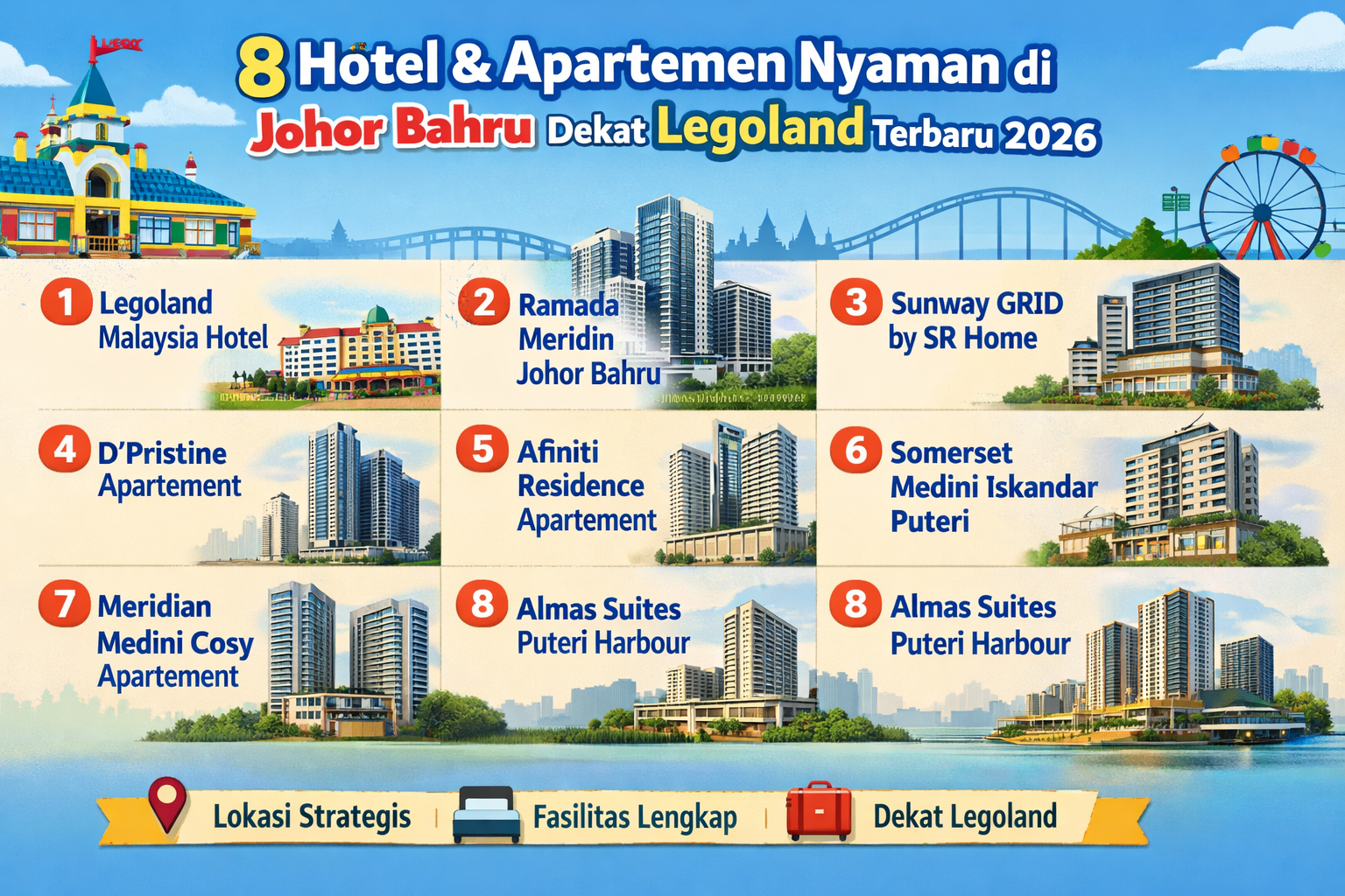 8 Hotel dan apartemen nyaman di Johor Bahru dekat Legoland terbaru 2026 seperti Legoland Malaysia Hotel, Ramada Meridin, hingga Almas Suites Puteri Harbour