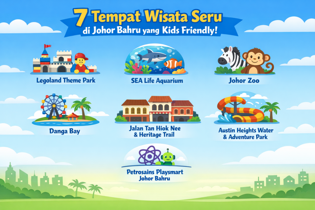 7 tempat wisata seru di Johor Bahru yang kids friendly seperti Legoland Theme Park, SEA Life Aquarium, Johor Zoo, hingga Austin Heights Water Park