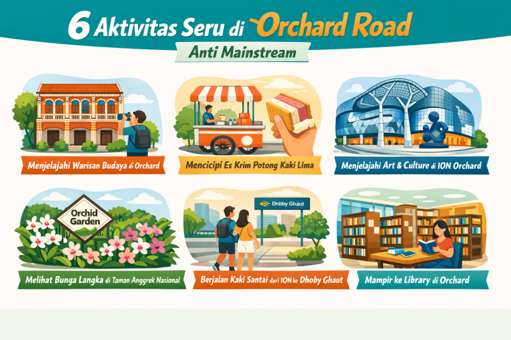 Infografis 6 aktivitas seru di Orchard Road Singapura anti mainstream seperti wisata budaya, kuliner kaki lima, ION Orchard, Orchid Garden, walking tour, dan library