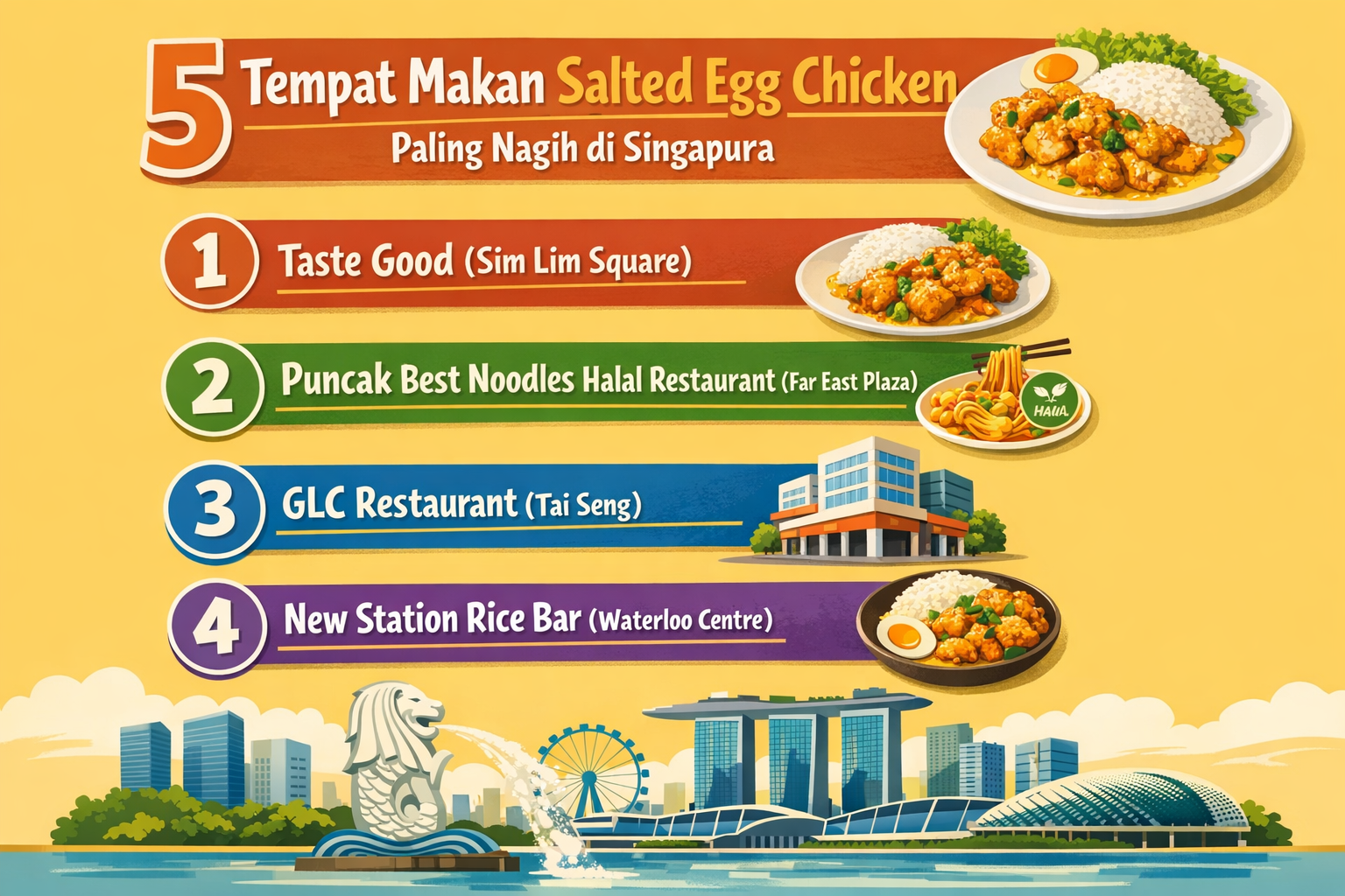 tempat-makan-salted-egg-enak-di-singapore Infografis landscape berjudul "5 Tempat Makan Salted Egg Chicken Paling Nagih di Singapura" yang menampilkan rekomendasi restoran: Taste Good di Sim Lim Square, Puncak Best Noodles Halal Restaurant di Far East Plaza, GLC Restaurant di Tai Seng, dan New Station Rice Bar di Waterloo Centre dengan ilustrasi hidangan salted egg chicken dan skyline Singapura.