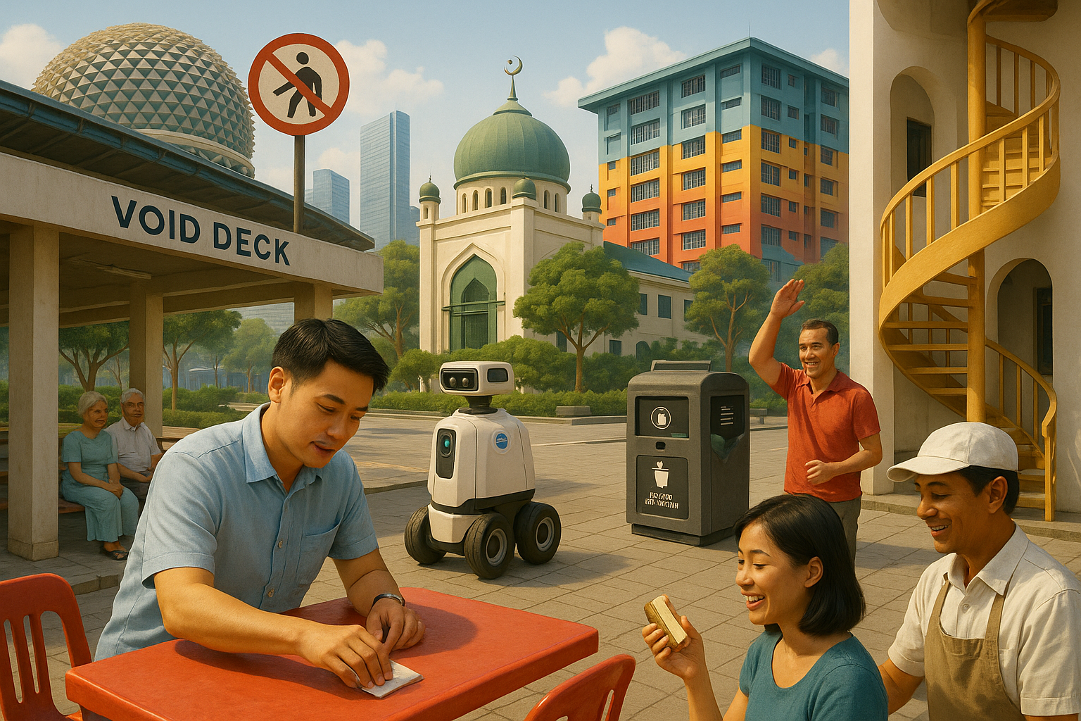 kebudayaan unik di singapura Pemandangan kehidupan sehari-hari di Singapura dengan budaya chope, robot patroli, void deck, dan bangunan HDB berwarna sebagai simbol kebiasaan unik kota.