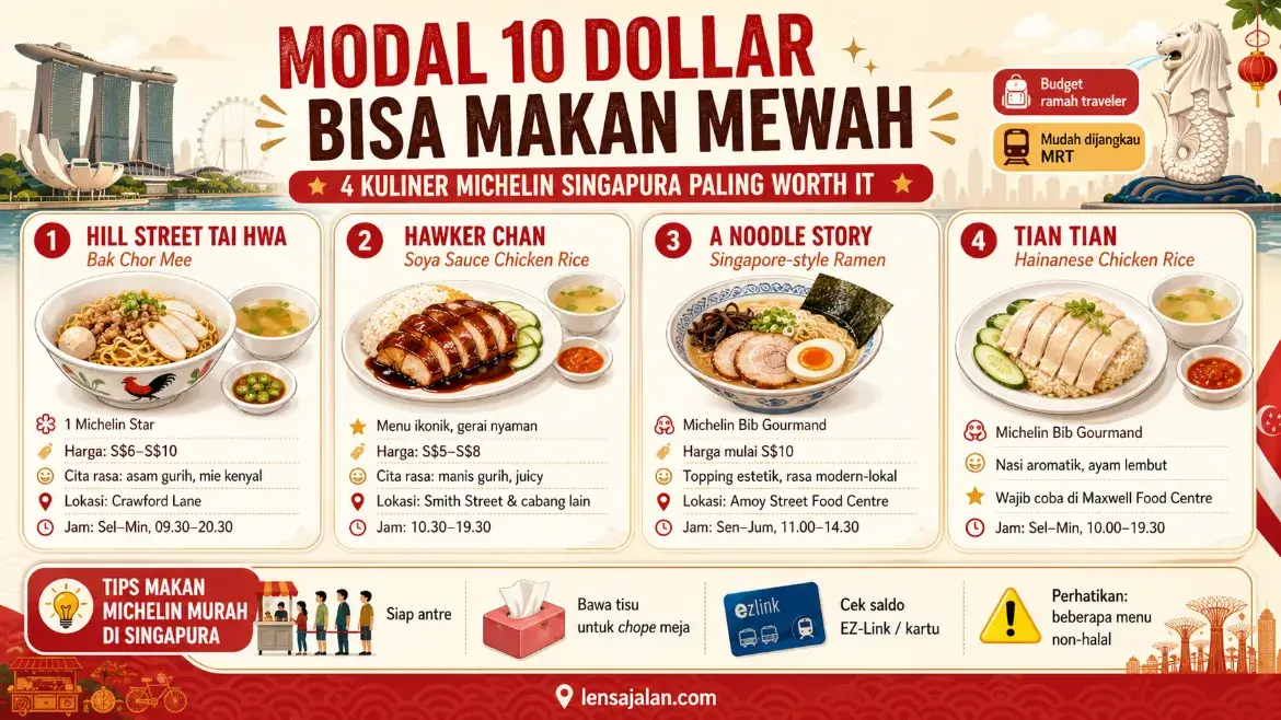 Infografis kuliner Michelin murah di Singapura yang menampilkan Hill Street Tai Hwa, Hawker Chan, A Noodle Story, dan Tian Tian Hainanese Chicken Rice lengkap dengan harga, lokasi, jam buka, dan tips makan hemat.