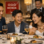Keluarga bahagia menikmati fine dining di restoran Michelin Star di Singapura dengan pelayan high class dan suasana mewah.