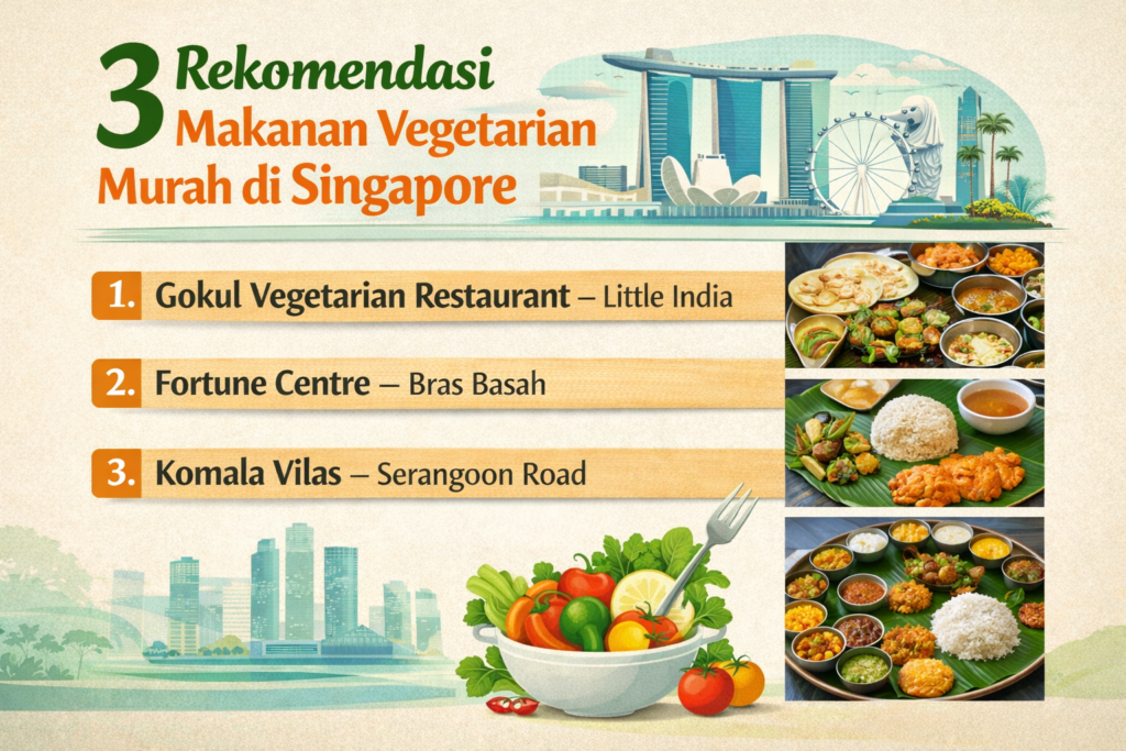 Infografis landscape berjudul "3 Rekomendasi Makanan Vegetarian Murah di Singapore" yang menampilkan daftar tempat makan vegetarian yaitu Gokul Vegetarian Restaurant di Little India, Fortune Centre di Bras Basah, dan Komala Vilas di Serangoon Road.