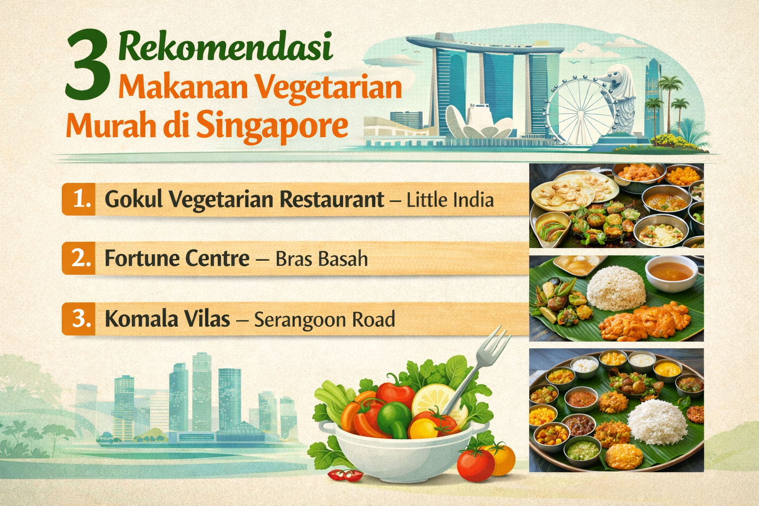 rekomendasi-makanan-vegetarian-di-singapore Infografis landscape berjudul "3 Rekomendasi Makanan Vegetarian Murah di Singapore" yang menampilkan daftar tempat makan vegetarian yaitu Gokul Vegetarian Restaurant di Little India, Fortune Centre di Bras Basah, dan Komala Vilas di Serangoon Road.