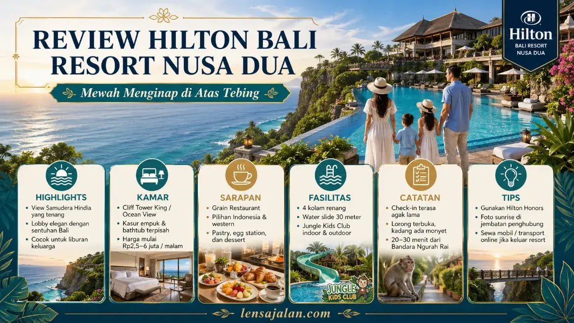 Infografis review Hilton Bali Resort Nusa Dua yang menampilkan suasana resort mewah di atas tebing, kamar Cliff Tower King atau Ocean View, sarapan di Grain Restaurant, fasilitas kolam renang dan Jungle Kids Club, serta tips menginap.