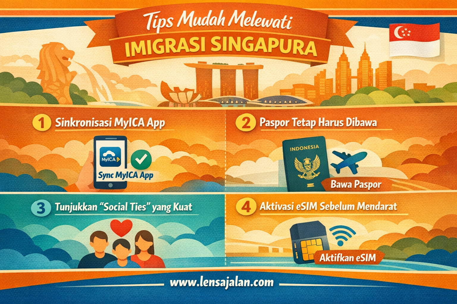 Infografis tips mudah melewati imigrasi Singapura seperti sinkronisasi MyICA App, membawa paspor, menunjukkan social ties, dan aktivasi eSIM sebelum mendarat