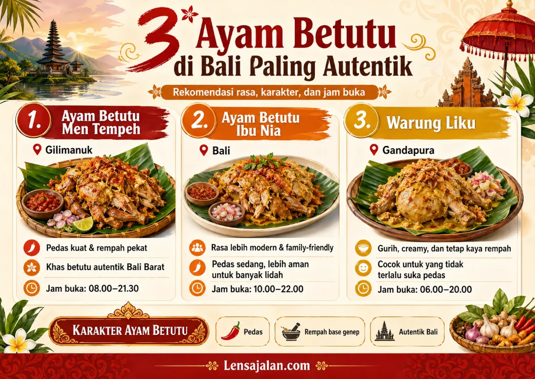 Infografis 3 ayam betutu di Bali paling autentik yang menampilkan Ayam Betutu Men Tempeh, Ayam Betutu Ibu Nia, dan Warung Liku beserta karakter rasa, tingkat pedas, dan jam buka.
