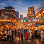 Suasana meriah Chinatown dan Little India di Singapura yang berdampingan, menampilkan lampion merah, bangunan tradisional, kuil, toko etnis, dan aktivitas masyarakat multikultural