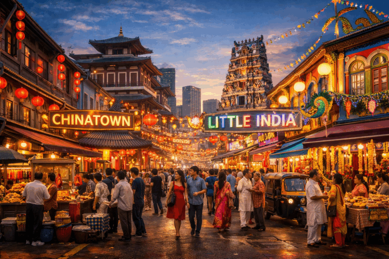 Suasana meriah Chinatown dan Little India di Singapura yang berdampingan, menampilkan lampion merah, bangunan tradisional, kuil, toko etnis, dan aktivitas masyarakat multikultural