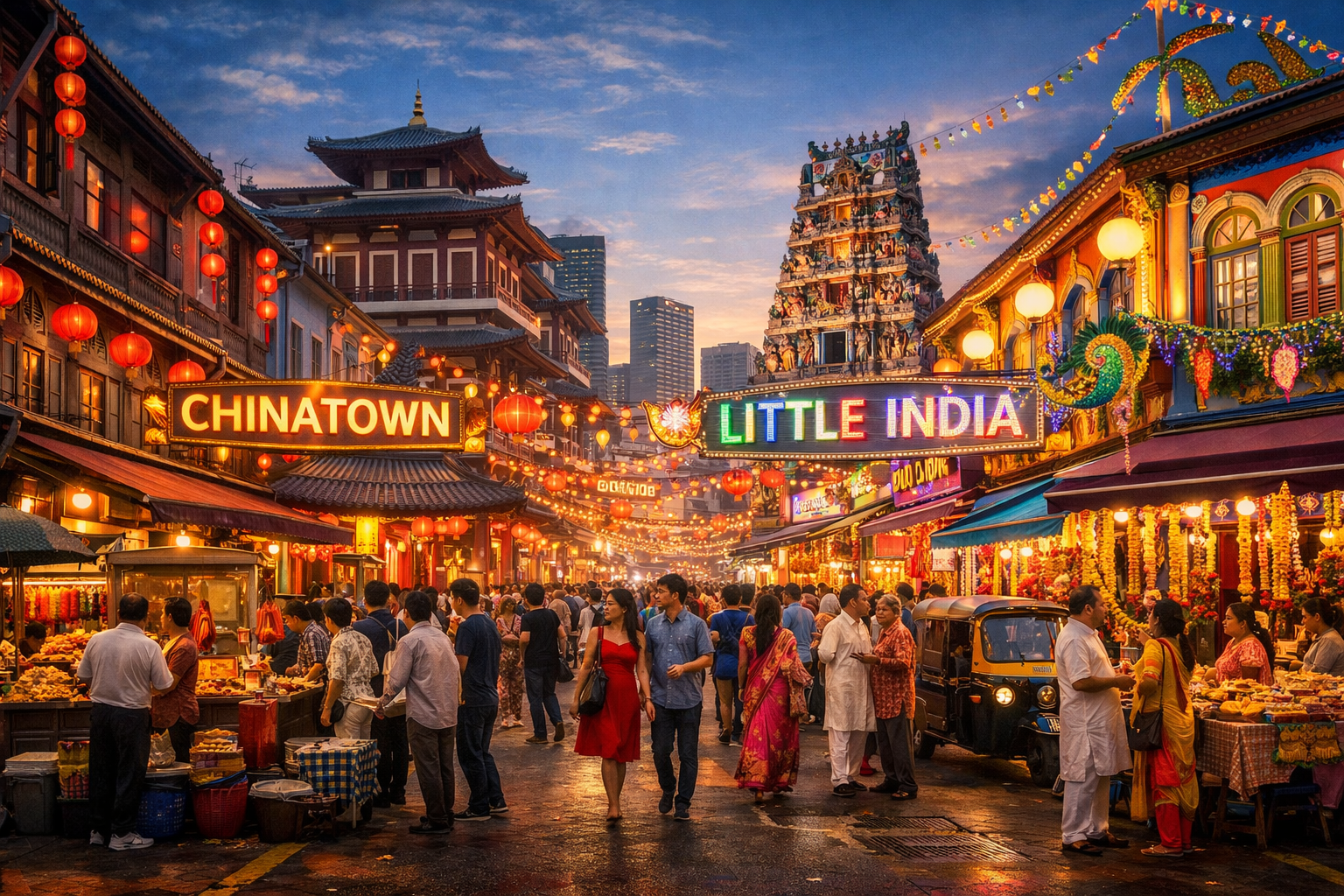 china town dan little india singapura Suasana meriah Chinatown dan Little India di Singapura yang berdampingan, menampilkan lampion merah, bangunan tradisional, kuil, toko etnis, dan aktivitas masyarakat multikultural