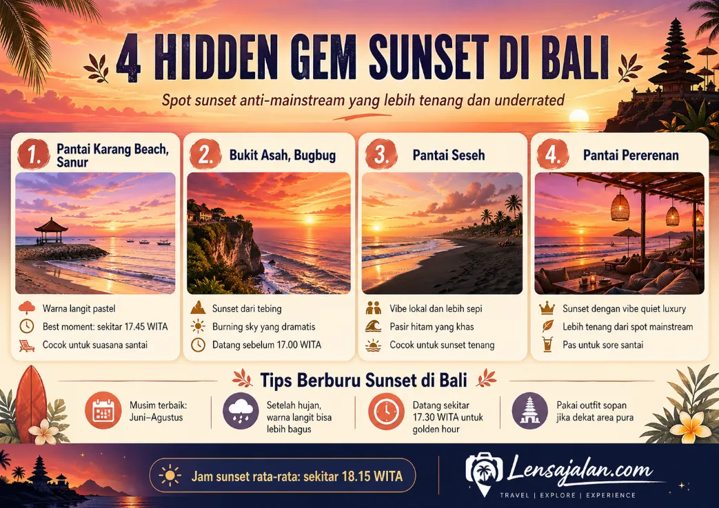 Infografis 4 hidden gem sunset di Bali yang menampilkan Pantai Karang Beach Sanur, Bukit Asah Bugbug, Pantai Seseh, dan Pantai Pererenan lengkap dengan waktu terbaik datang dan tips berburu sunset.