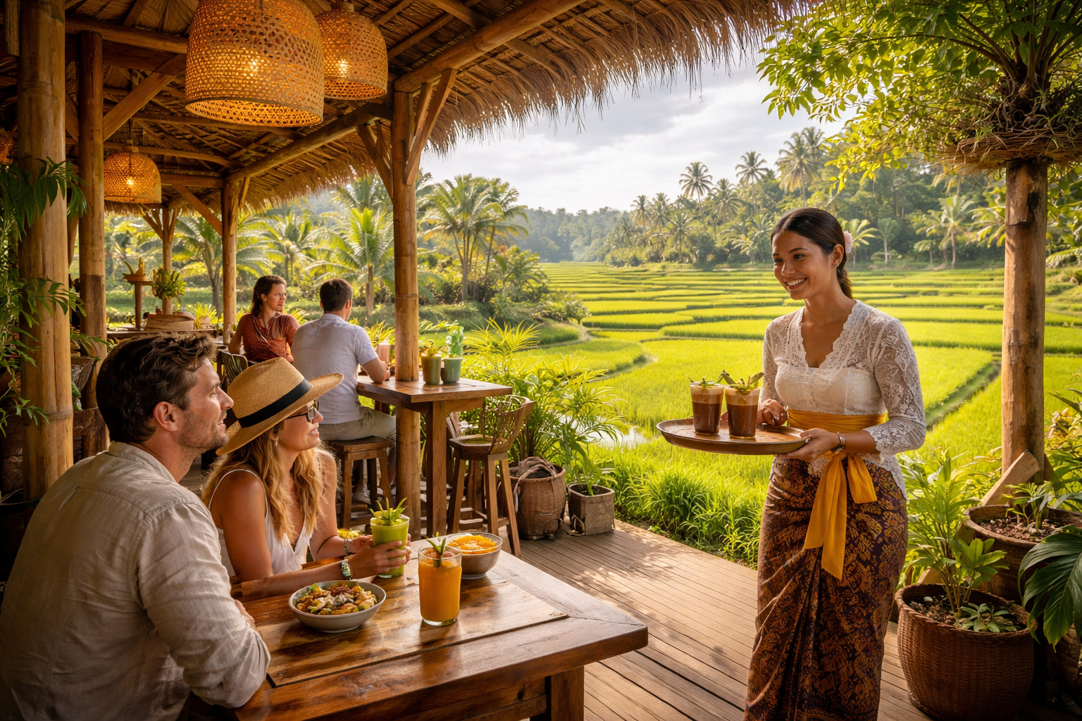 kafe estetik di bali Kafe estetik di Bali dengan pemandangan sawah hijau, turis asing menikmati kopi, dan pelayan lokal Bali mengenakan busana tradisional modern