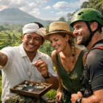 Turis asing dipandu guide lokal Bali memakai udeng tradisional, menunjukkan aktivitas perhiasan perak dan canyoning dengan latar sawah hijau Bali.