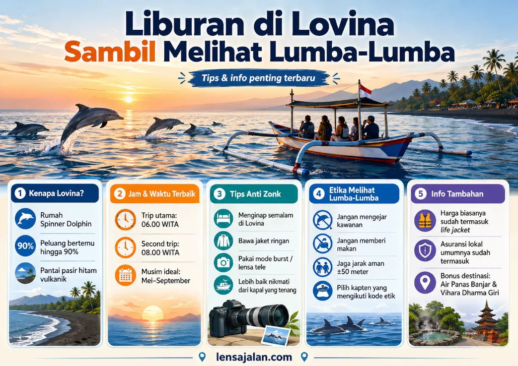 Infografis liburan di Lovina sambil melihat lumba-lumba yang menampilkan waktu terbaik, tips anti zonk, etika melihat lumba-lumba, dan info tambahan wisata di Bali Utara.