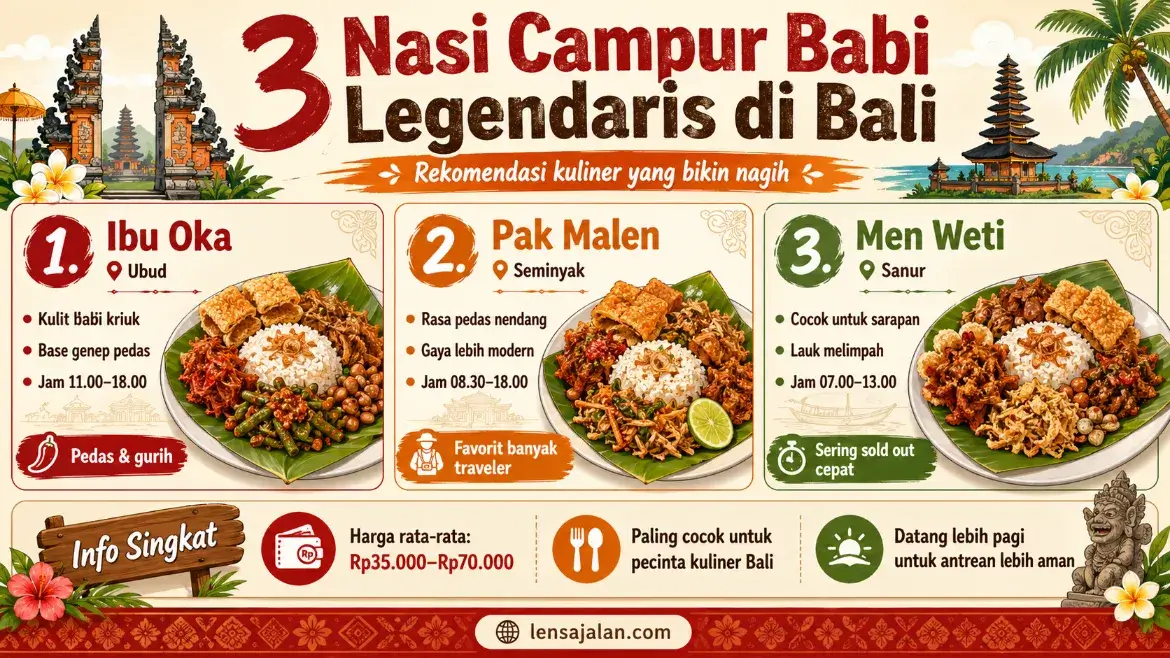 Infografis 3 nasi campur babi legendaris di Bali yang menampilkan Ibu Oka di Ubud, Pak Malen di Seminyak, dan Men Weti di Sanur lengkap dengan karakter rasa, jam buka, dan info singkat harga.