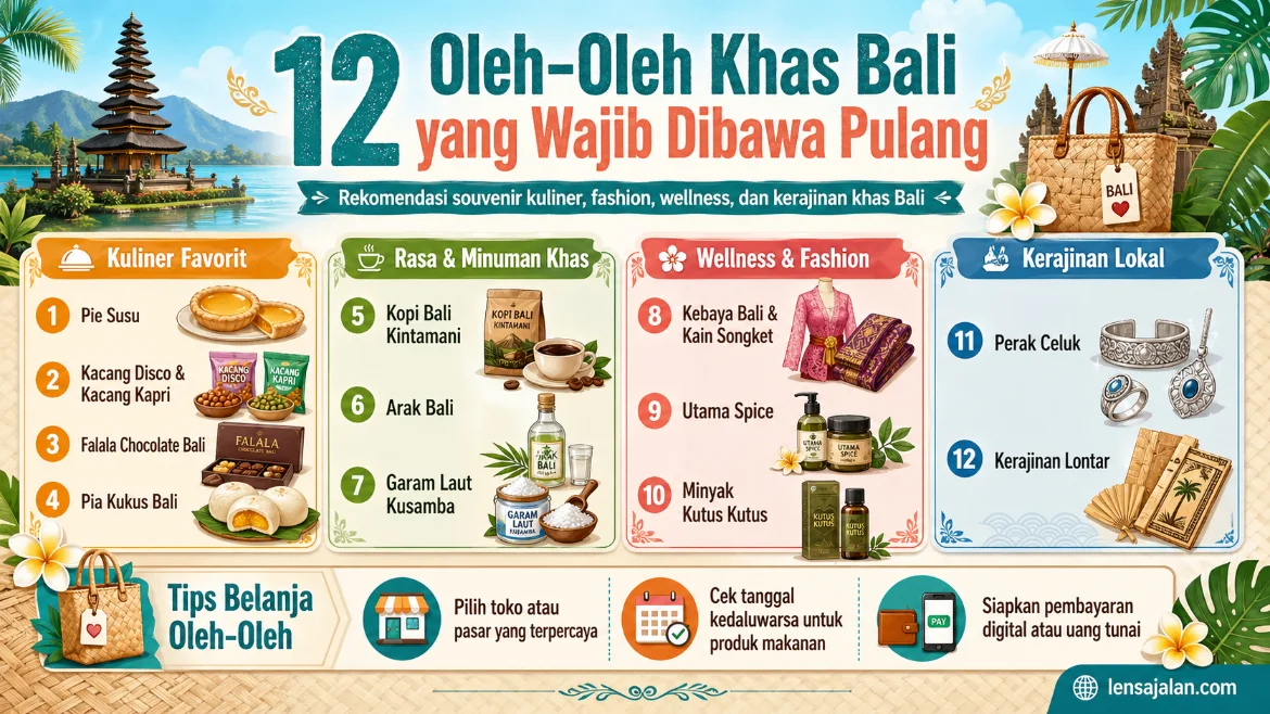 Infografis 12 oleh-oleh khas Bali yang menampilkan pie susu, kacang disco, cokelat Bali, pia kukus, kopi Bali Kintamani, arak Bali, garam laut Kusamba, kebaya Bali, Utama Spice, Minyak Kutus Kutus, perak Celuk, dan kerajinan lontar.