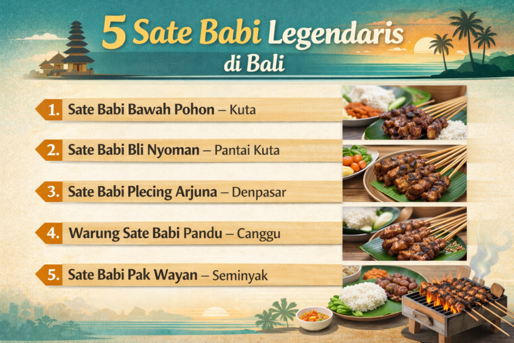 Infografis berjudul "5 Sate Babi Legendaris di Bali" yang menampilkan rekomendasi tempat makan sate babi terkenal yaitu Sate Babi Bawah Pohon di Kuta, Sate Babi Bli Nyoman di Pantai Kuta, Sate Babi Plecing Arjuna di Denpasar, Warung Sate Babi Pandu di Canggu, dan Sate Babi Pak Wayan di Seminyak.