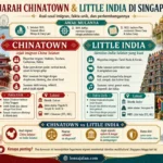 Infografis sejarah Chinatown dan Little India di Singapura yang menampilkan asal-usul imigran, Jackson Plan 1822, perbedaan karakter dua kawasan, fakta unik, lokasi, dan perannya dalam identitas multikultural Singapura.