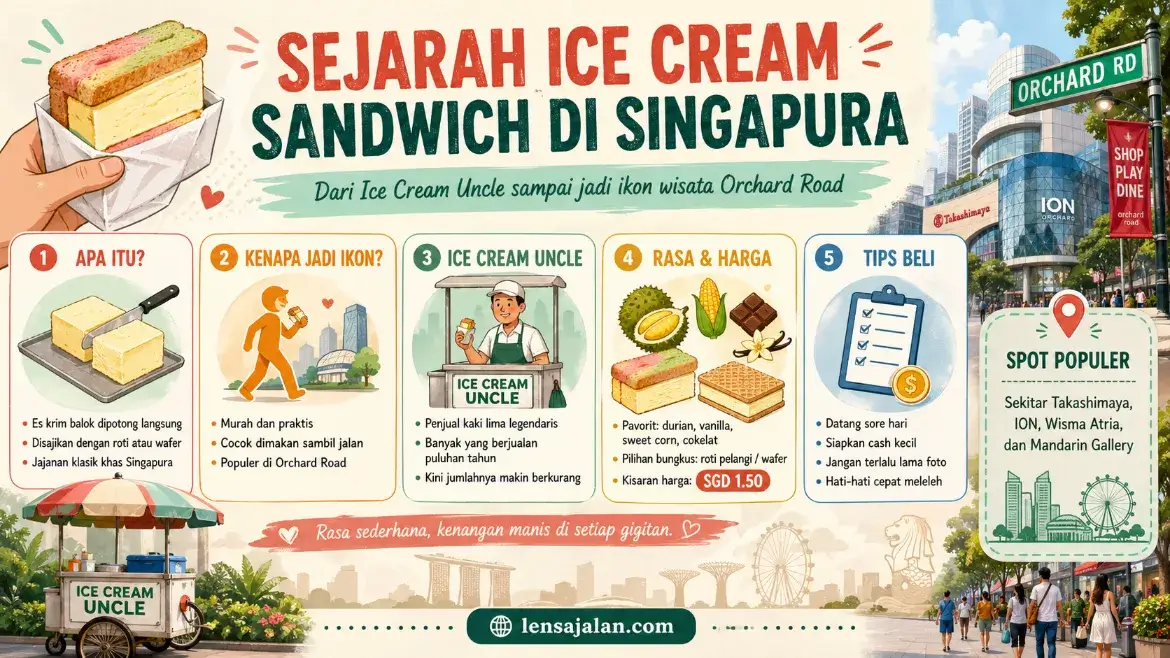 Infografis sejarah ice cream sandwich di Singapura yang menampilkan penjelasan tentang ice cream uncle, alasan jajanan ini menjadi ikon, rasa favorit, harga sekitar SGD 1.50, tips membeli, dan spot populer di Orchard Road.