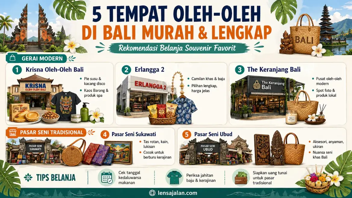 Infografis 5 tempat oleh-oleh di Bali murah dan lengkap yang menampilkan Krisna Oleh-Oleh Bali, Erlangga 2, The Keranjang Bali, Pasar Seni Sukawati, dan Pasar Seni Ubud beserta tips belanja.