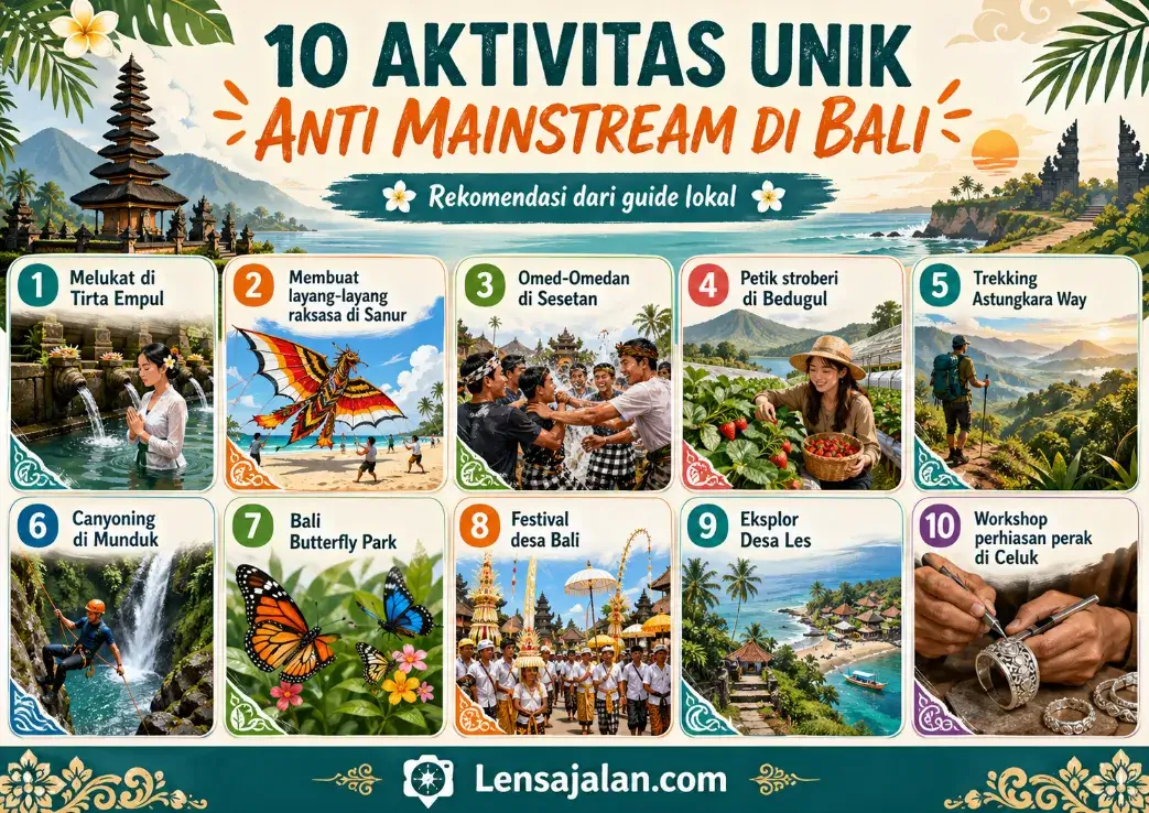 Infografis 10 aktivitas unik anti mainstream di Bali yang menampilkan melukat di Tirta Empul, membuat layang-layang di Sanur, Omed-Omedan, petik stroberi Bedugul, trekking Astungkara Way, canyoning Munduk, Bali Butterfly Park, festival desa Bali, Desa Les, dan workshop perhiasan perak di Celuk.