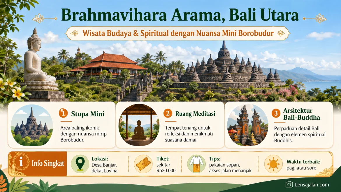 Infografis Brahmavihara Arama di Bali Utara yang menampilkan stupa mini, ruang meditasi, arsitektur Bali-Buddha, lokasi di Desa Banjar, tiket sekitar Rp20.000, tips berkunjung, dan waktu terbaik datang.