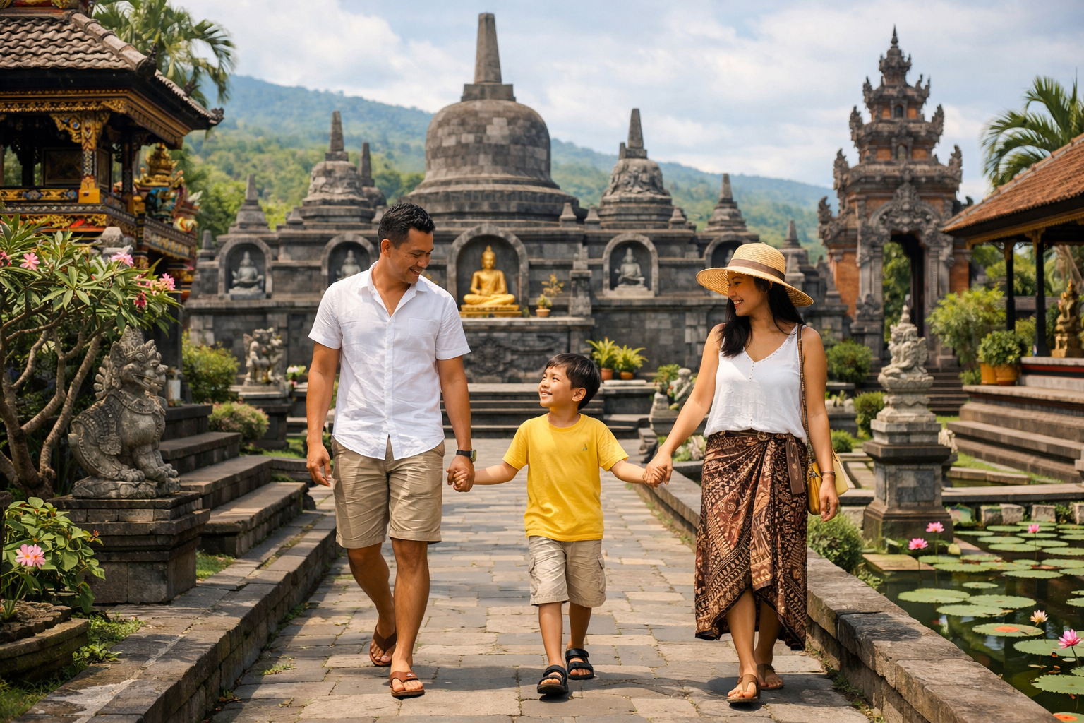 wisata-ke-brahmavihara-arama-banjar-bali-utara Keluarga dengan satu anak sedang berjalan santai di area Brahmavihara Arama, Bali Utara, dengan latar belakang stupa dan arsitektur pura Buddha dalam suasana hijau dan damai