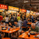 Suasana ramai hawker centre di Singapore dengan banyak orang duduk di meja oranye menikmati makanan lokal dari berbagai stan.