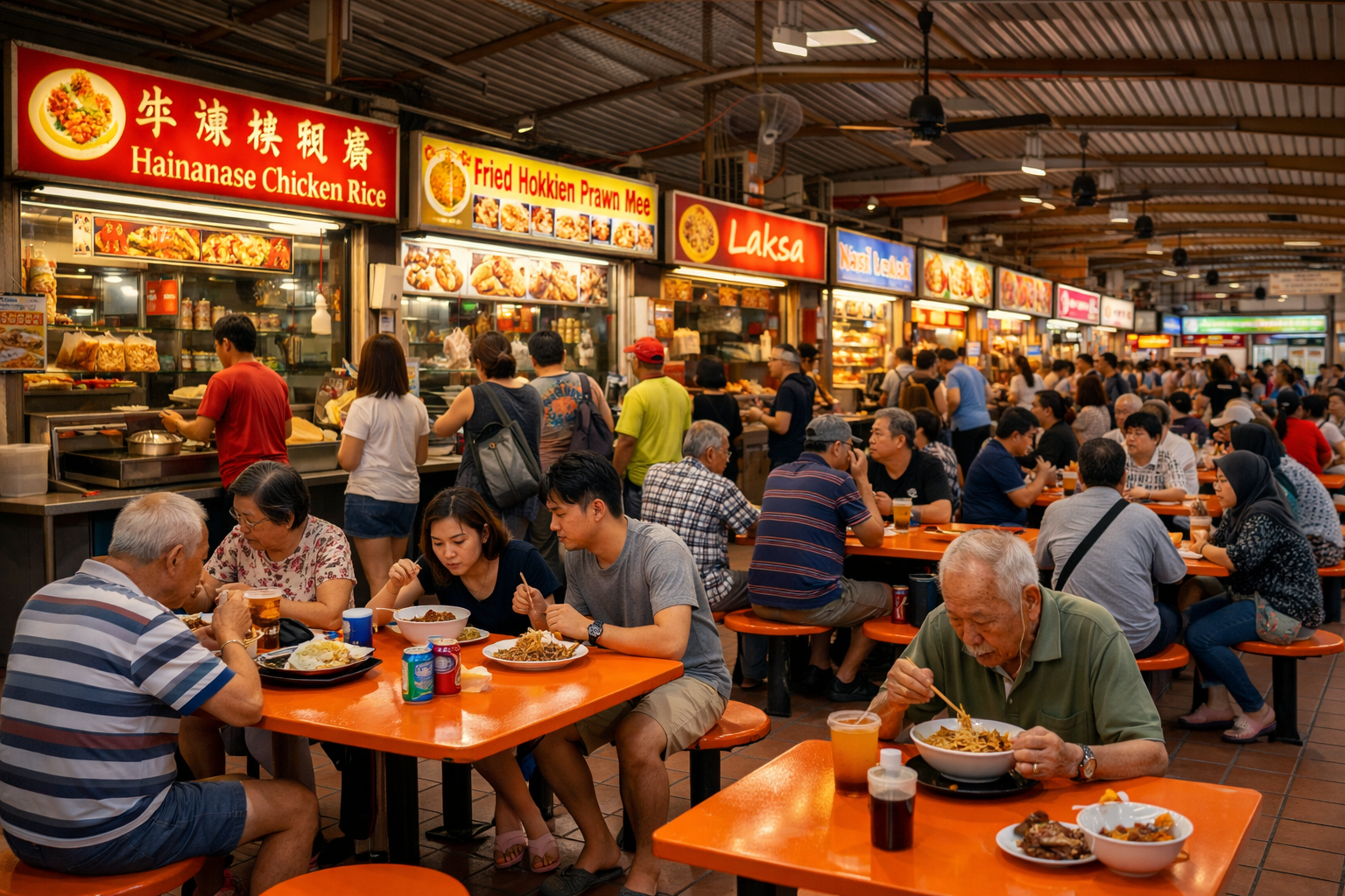 Suasana ramai hawker centre di Singapore dengan banyak orang duduk di meja oranye menikmati makanan lokal dari berbagai stan.
