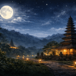 Langit malam Bali saat Hari Raya Nyepi dengan bulan purnama, pura Bali bercahaya lembut, dan suasana sunyi tanpa aktivitas manusia.