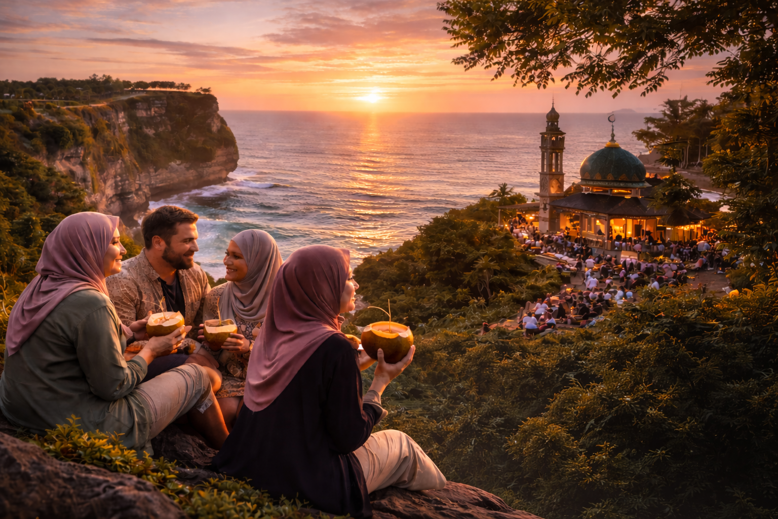 aktivitas ngabuburit di bali Ngabuburit di Bali saat sunset Uluwatu dengan warga lokal Muslim dan turis asing menikmati kelapa muda di tebing menghadap laut.