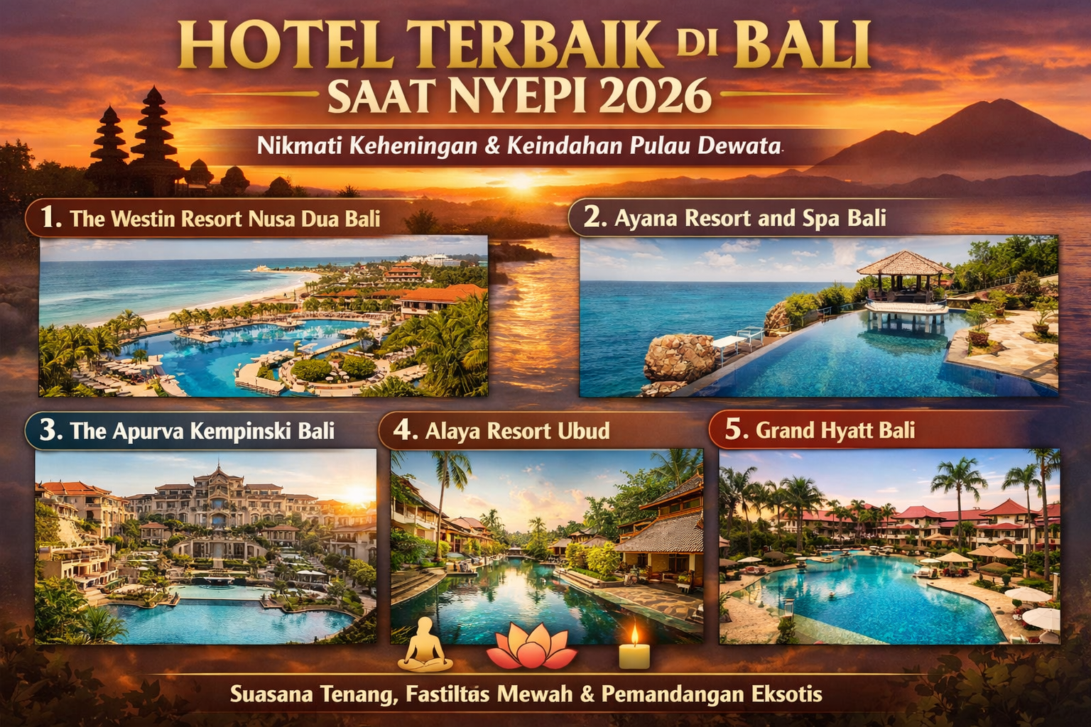 infografis-5-hotel-untuk-nyepi-di-bali Infografis hotel terbaik di Bali saat Nyepi 2026 yang menampilkan The Westin Resort Nusa Dua Bali, Ayana Resort and Spa Bali, The Apurva Kempinski Bali, Alaya Resort Ubud, dan Grand Hyatt Bali.