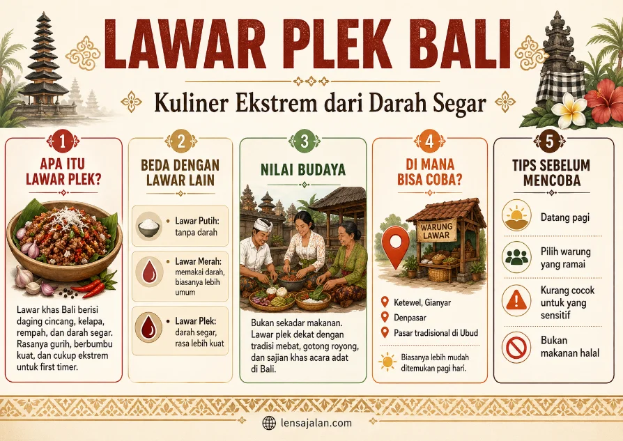 Infografis Lawar Plek Bali yang menampilkan penjelasan tentang kuliner ekstrem dari darah segar, perbedaan dengan lawar lain, nilai budaya, lokasi mencoba, dan tips sebelum makan.