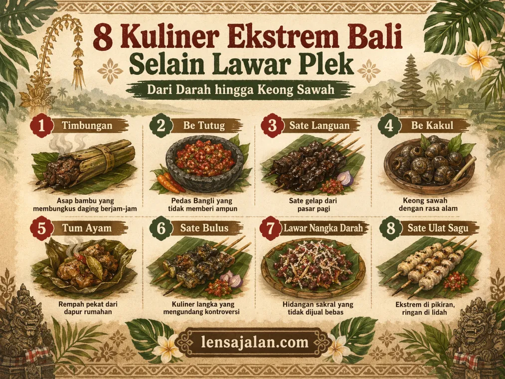 Banner infografis 8 kuliner ekstrem Bali selain lawar plek, menampilkan Timbungan, Be Tutug, Sate Languan, Be Kakul, Tum Ayam, Sate Bulus, Lawar Nangka Darah, dan Sate Ulat Sagu.