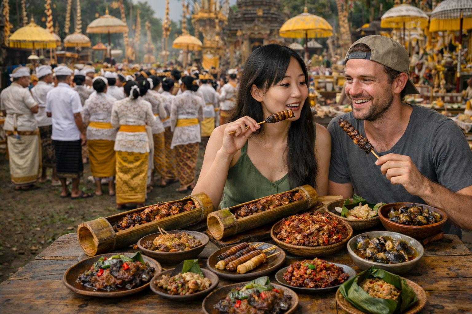 kuliner ekstrim bali Dua turis asing asal China dan Amerika mencicipi kuliner ekstrem Bali seperti sate ulat sagu dan timbungan dengan latar upacara adat Hindu Bali di pura.