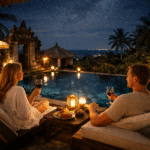 Pasangan wisatawan asing bersantai di hotel mewah di Bali saat Hari Raya Nyepi dengan suasana tenang dan pencahayaan redup.