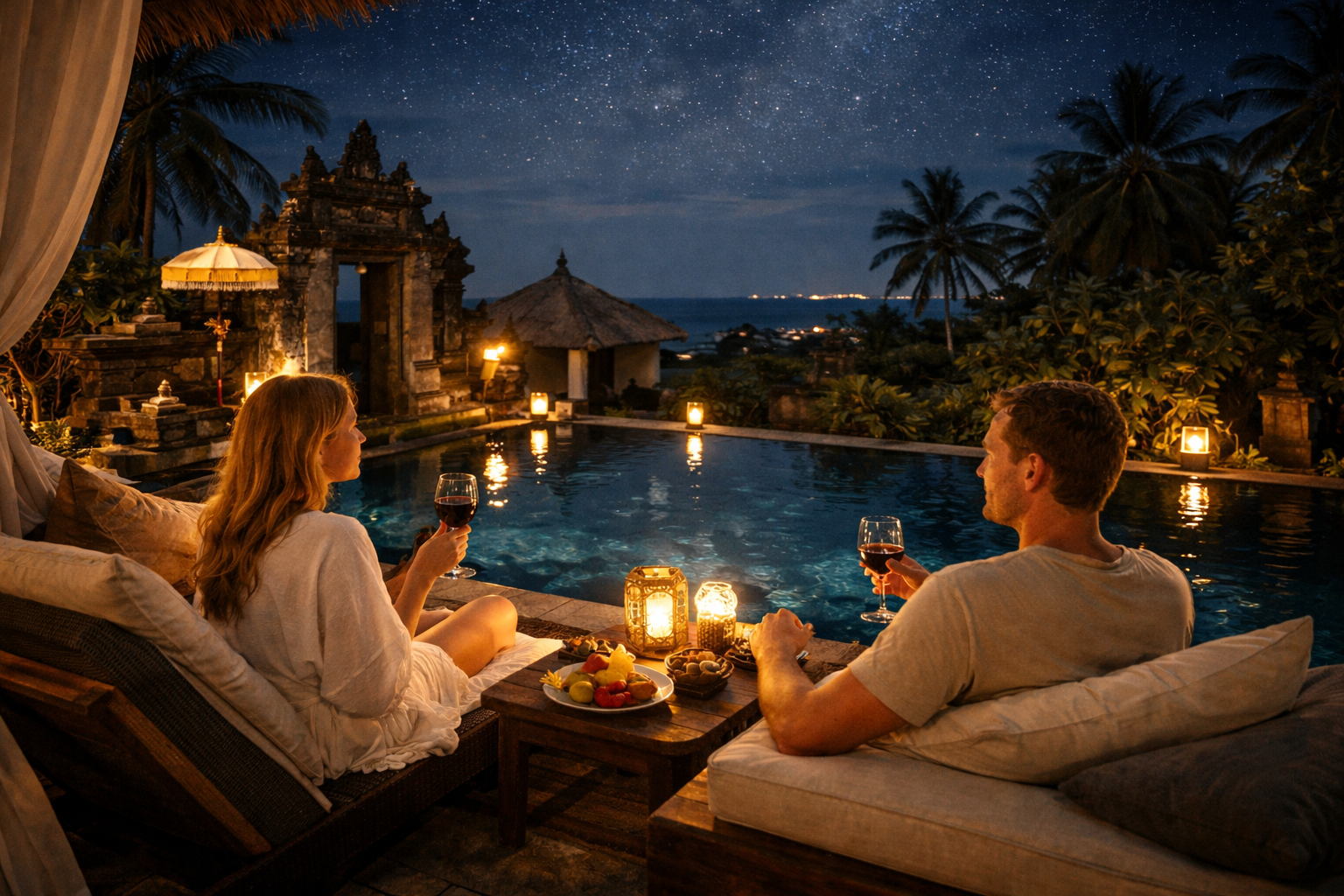 nyepi di bali Pasangan wisatawan asing bersantai di hotel mewah di Bali saat Hari Raya Nyepi dengan suasana tenang dan pencahayaan redup.